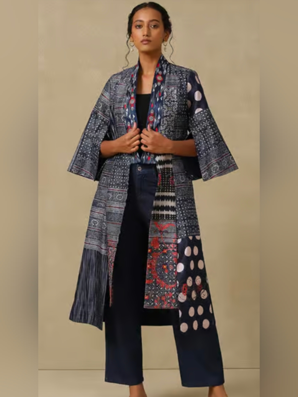Soft Surroundings Navy and Red Printed Long Kimono